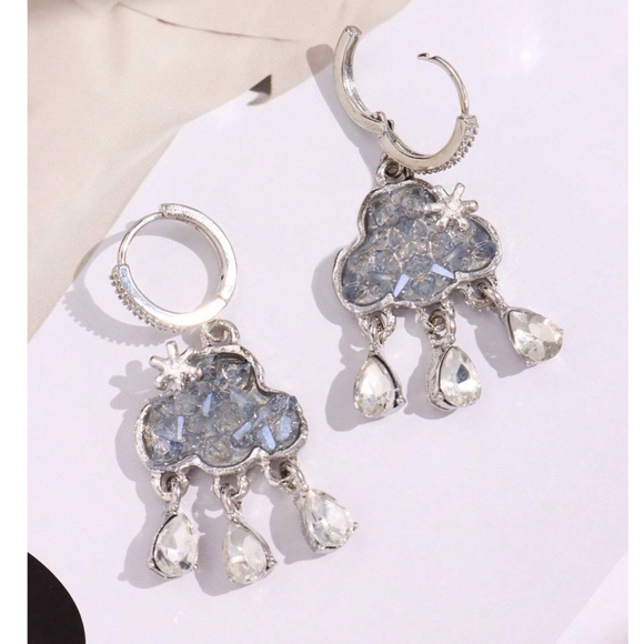 Dainty Silver Tone Rhinestone Clouds Huggie Earrings - Picture 3 of 5